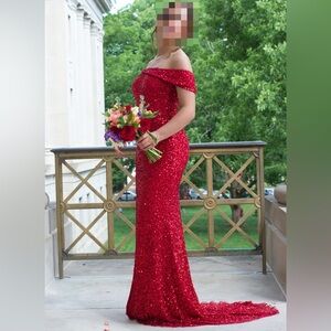 Elegant Red Sequin Off-Shoulder High Slit Maxi Dress